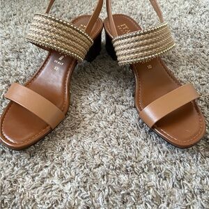 Italian Shoemakers Tan Braided Espadrille Slingback Sandals with Gold Trim